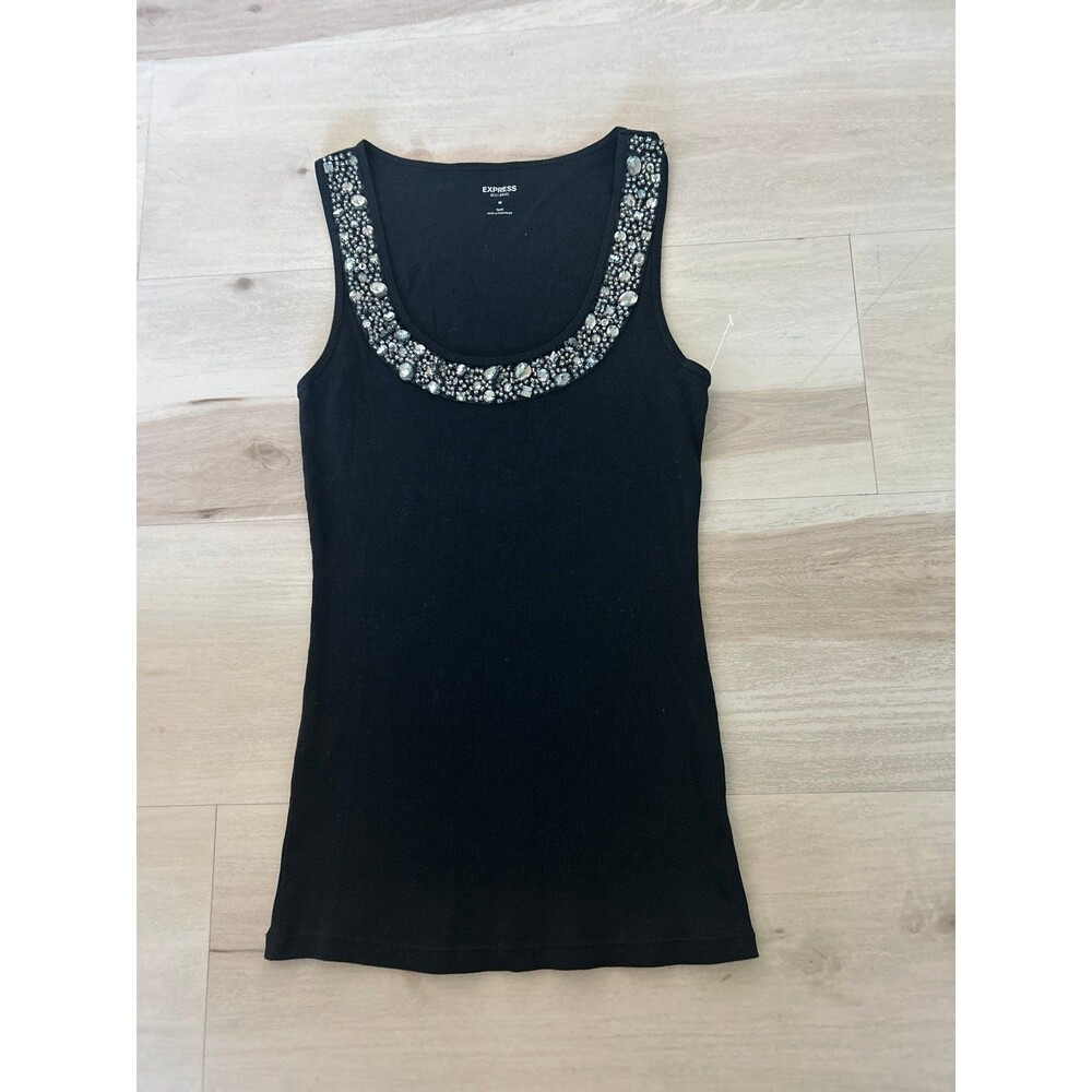 Y2K Express Black Ribbed Tank with Chunky Jeweled Neckline Size M